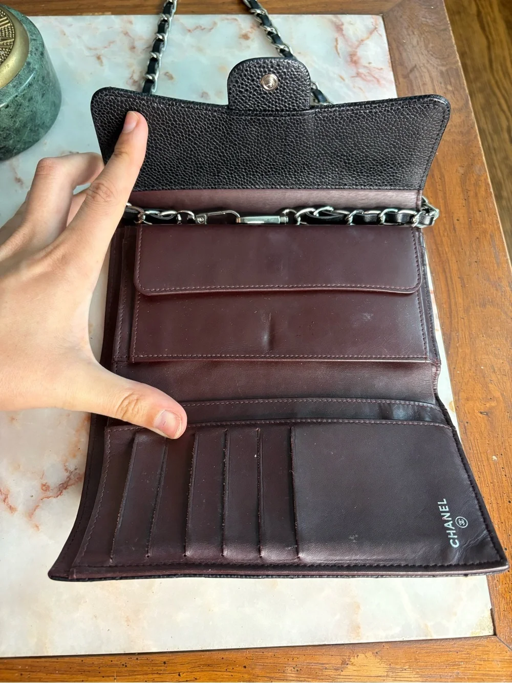CHANEL Caviar Leather Black Quilted Classic Trifold Wallet w/ Added Chain